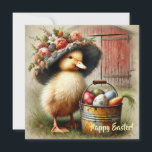 Oude landelijke Paas eend met eieren boerderijhuis Feestdagenkaart<br><div class="desc">Hallo! De vintage rustieke paaskaart met eend en eieren in boerderijstijl is een verrukkelijke keuze om wat ouderwetse charme te verspreiden tijdens het paasseizoen. Met een schattig ontwerp van een vintage eend omringd door paaseieren tegen een rustieke boerderijachtergrond, brengt deze kaart een vleugje nostalgie en warmte. Of je hem nu...</div>