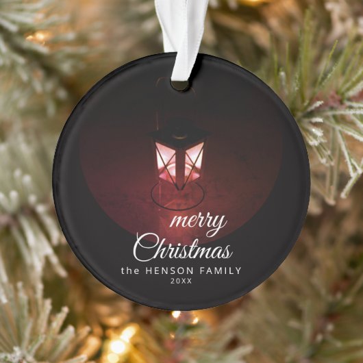 Oude Lantaarn Licht Prettig Kerstman Script Famili Ornament (Boom)