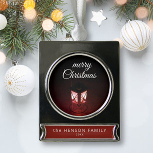 Oude Lantaarn Licht Prettig Kerstman Script Famili Verzilverd Banner Ornament