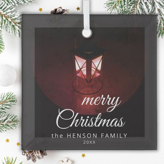 Oude lantaarn Licht Prettig Kerstmis Script Famili Glas Ornament