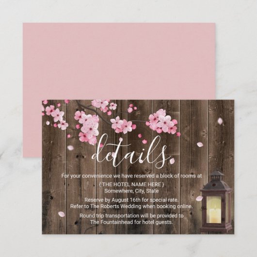 Oude Lantaarn Roze Bloemige Trouwdetails Kaart (Voorkant / Achterkant)