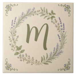 Oude lavendel monogram kruidtuin krans tegeltje
