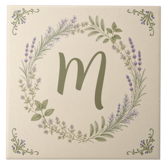 Oude lavendel monogram kruidtuin krans tegeltje (Voorkant)