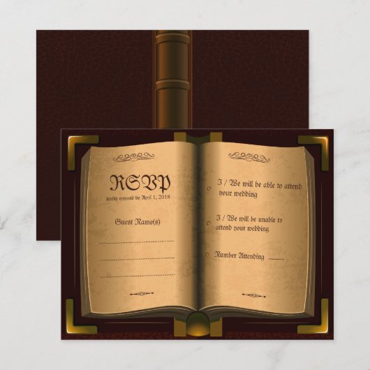 Oude  lederen boek RSVP-bruiloft RSVP Kaartje (Voorkant / Achterkant)