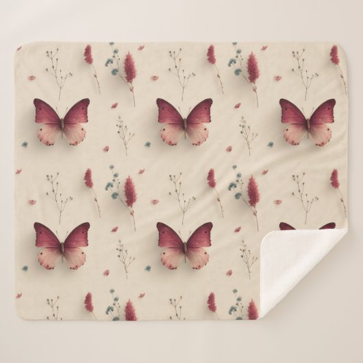 Oude lente bloemen & roze vlinder sherpa deken (Voorkant (horizontaal))