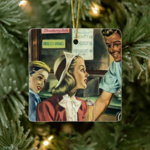 Oude liefde en romantiek, dame bij de frisdrankwin keramisch ornament