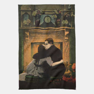 Oude liefde en romantiek, romantische openhaardkus theedoek