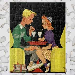 Oude liefde en romantiek, tieners in de sodawinkel legpuzzel