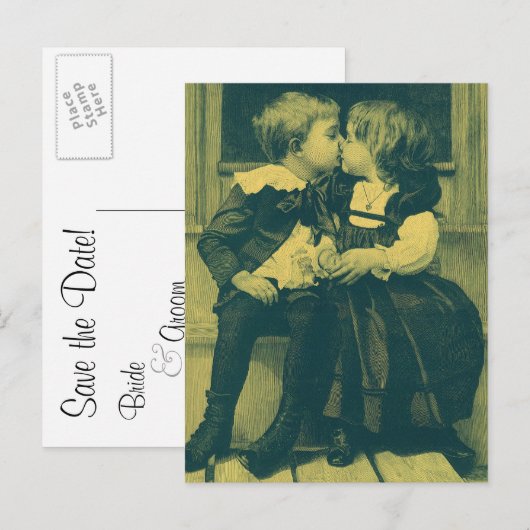 Oude liefdes- en romantische foto, kinderen kussen aankondigingskaart (Voorkant / Achterkant)