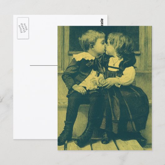 Oude liefdes- en romantische foto, kinderen kussen briefkaart (Voorkant / Achterkant)