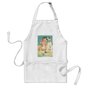 Oude lieve baby die telefoneert met puppy hond standaard schort