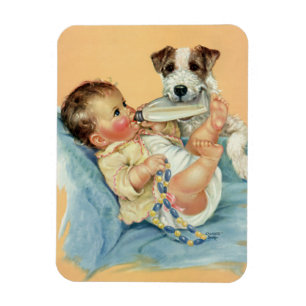 Oude lieve babyjongen met fles en puppy hond magneet