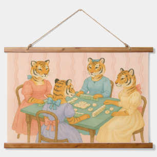 Oude lieve tijgers die Mahjong spelen Hangend Wandkleed