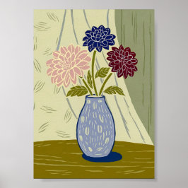 Oude Linoleumsnede Dahlias in Textuur Blauw Vaas Poster
