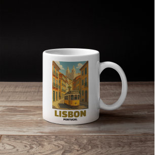 Oude Lissabon Portugal Retro Tram Straat Scène Koffiemok