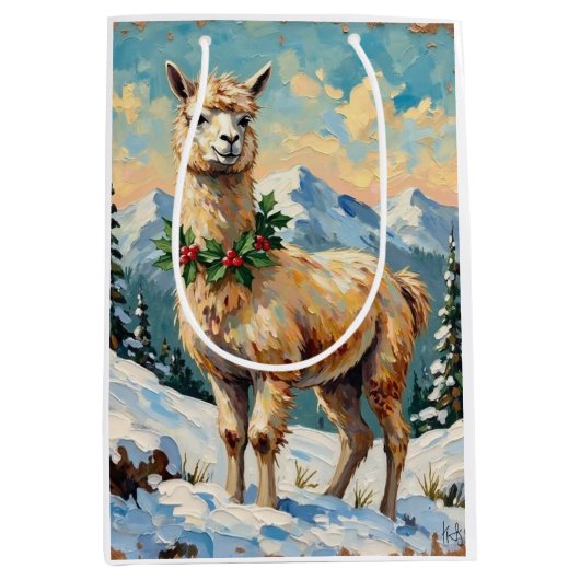 Oude Llama in Besneeuwde Kerstweide Medium Cadeauzakje (Voorkant)