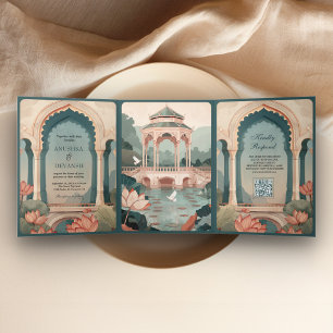 Oude Lotusvijver Rustic Indiaas Paleis Bruiloft Drieluik Uitnodiging