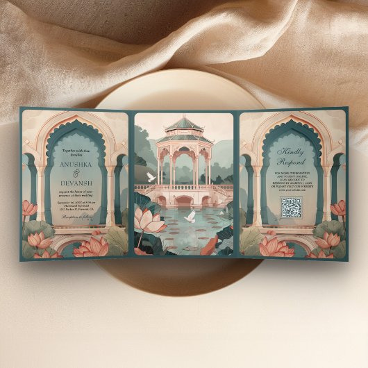 Oude Lotusvijver Rustic Indiaas Paleis Bruiloft Drieluik Uitnodiging