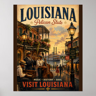 Oude Louisiana-reisposter met jazzmuzikant Poster
