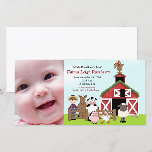 Oude MacDonald Farm 8x4 Foto Geboorteaankondiging Aankondiging (Voorkant / Achterkant)