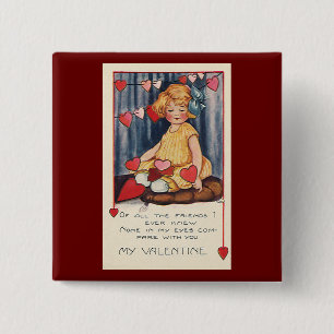 Oude malle Valentijnsdag, Meisje met rode harten Vierkante Button 5,1 Cm