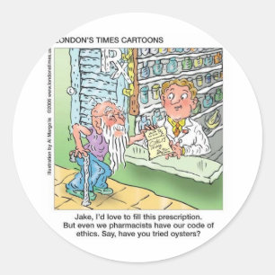 Oude Man & De Apotheek Grappige Offbeat Cartoon Ca Ronde Sticker