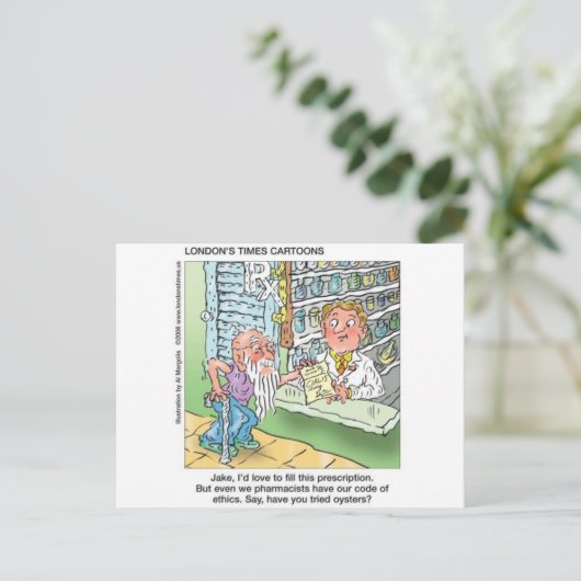 Oude Man en apotheker grappige offbeat Cartoon cad Briefkaart (Staand voorkant)