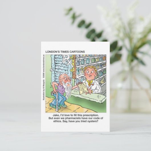Oude Man en apotheker grappige offbeat Cartoon cad Briefkaart (Staand voorkant)