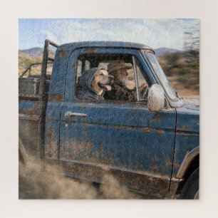 Oude man en Labrador Retriever in blauwe vrachtwag Legpuzzel