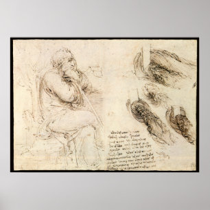 Oude man en waterschets door Leonardo da Vinci Poster