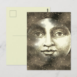 Oude man in de maan volle maan gezicht ster wolken briefkaart