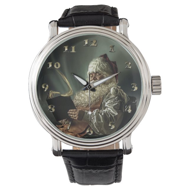 Oude Man kerstman die zijn lijst leest Horloge (Voorkant)