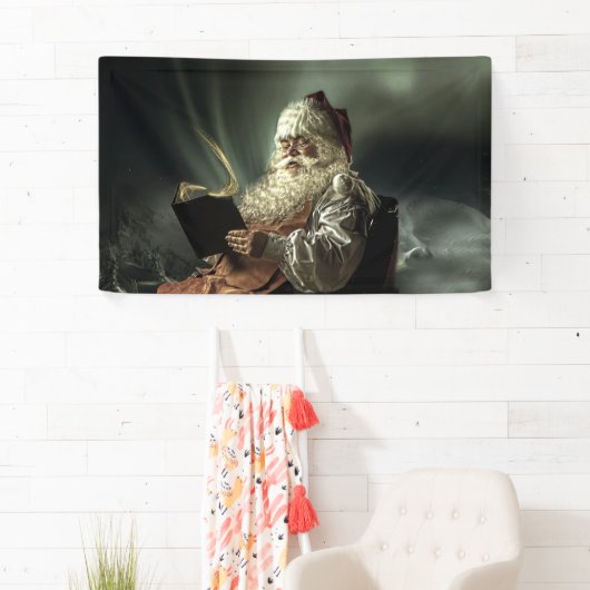 Oude Man kerstman die zijn lijst leest Spandoek (Insitu)