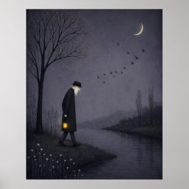 Oude Man Loopt Langs een Stille Rivier Poster