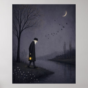 Oude Man Loopt Langs een Stille Rivier Poster