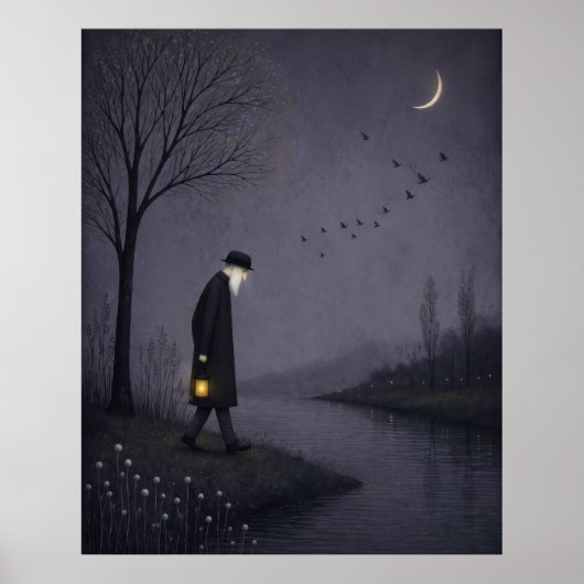 Oude Man Loopt Langs een Stille Rivier Poster (Voorkant)