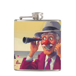 Oude man met verrekijker op het strand, grappig heupfles