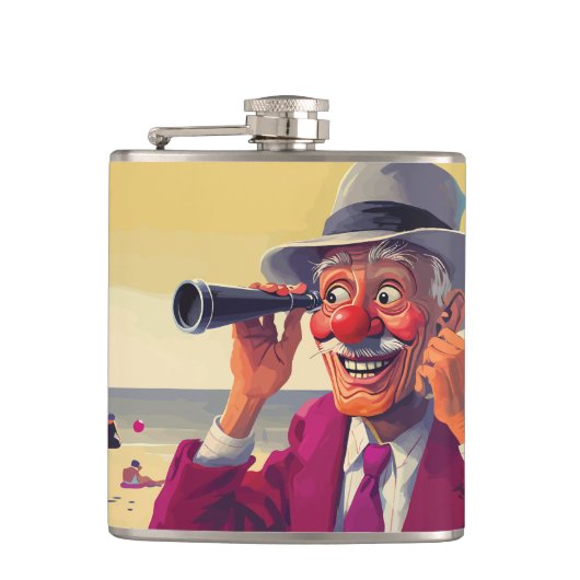 Oude man met verrekijker op het strand, grappig heupfles (Voorkant)