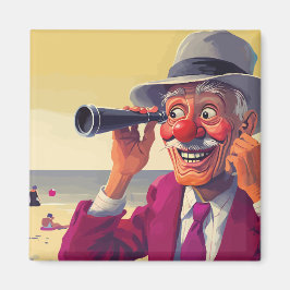 Oude man met verrekijker op het strand, grappig magneet
