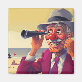 Oude man met verrekijker op het strand, grappig magneet
