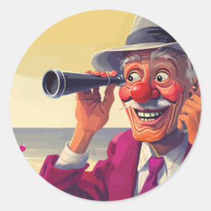 Oude man met verrekijker op het strand, grappig ronde sticker