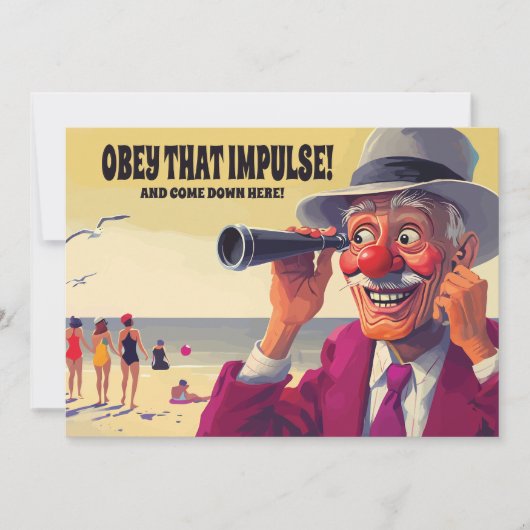 Oude man met verrekijker op het strand, grappig save the date (Voorkant)