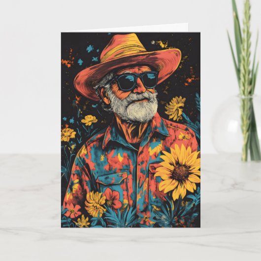 Oude Man Retro Bloemen Feestdagen Kaart (Voorkant)