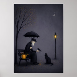 Oude man voert een vogel in stille regen poster