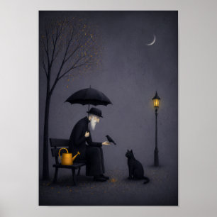 Oude man voert een vogel in stille regen poster