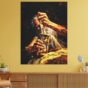 Oude man zandloper Tijd die weg glipt Impasto Canvas Afdruk