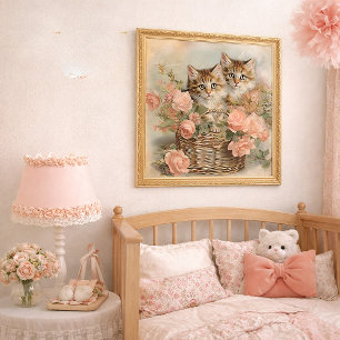 Oude Mand Met Kittens Mand Roze Bloem Cottage Deco Poster
