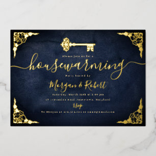 Oude marine gouden sleutel housewarming party folie uitnodiging