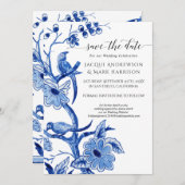 Oude marineblauw-witte chinoiserie bloemenprint save the date (Voorkant / Achterkant)