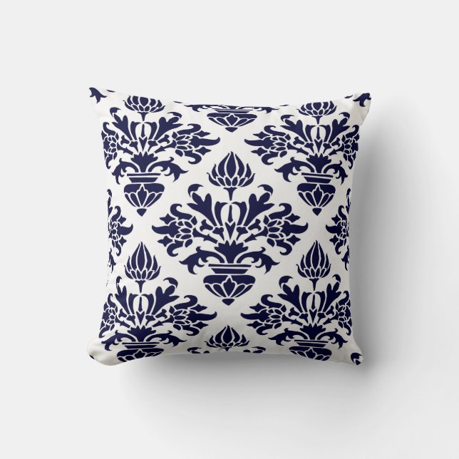 Oude marineblauwe grote bloemendamask witte BG Kussen (Voorkant)